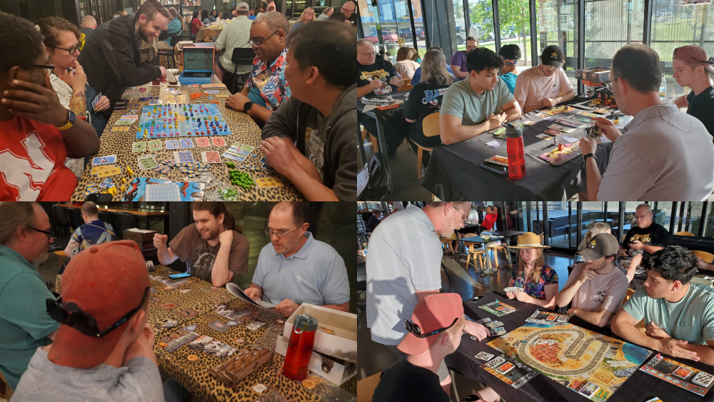 4 images of people playing board games at board game conventions